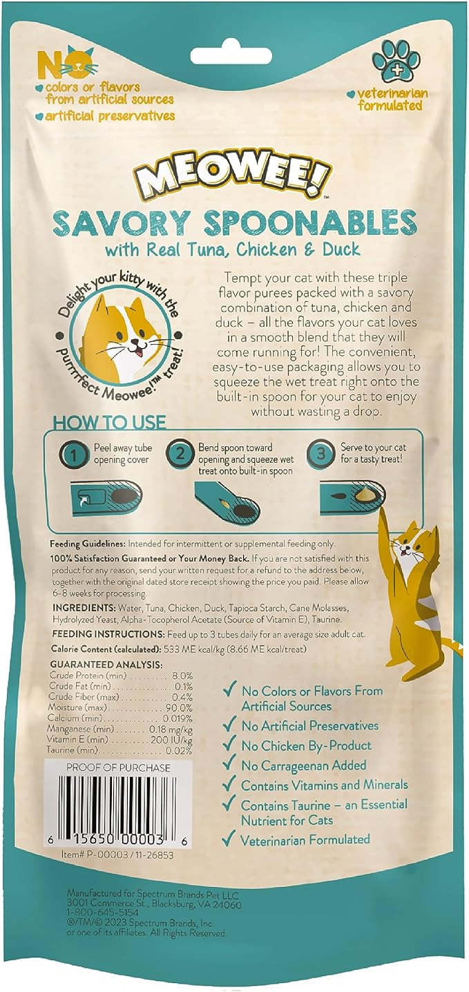 Savory Spoonables with Real Tuna, Chicken & Duck, 4 Count Tube, Triple Flavor Squeezable Lickable Wet Treats for Cats with Built-in Spoon for Less Mess (Pack of 2)