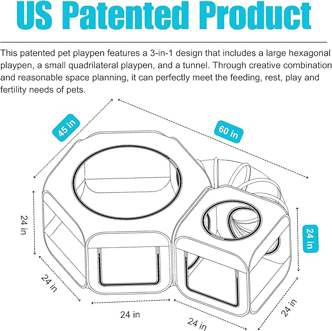 Portable Dog Playpen 2-Room with Tunnel, 3-in-1 Large Cat Crate Play Enclosure with Separate Areas, Foldable Pet Playpen for Puppy Kitten and Small Animals Indoor Outdoor