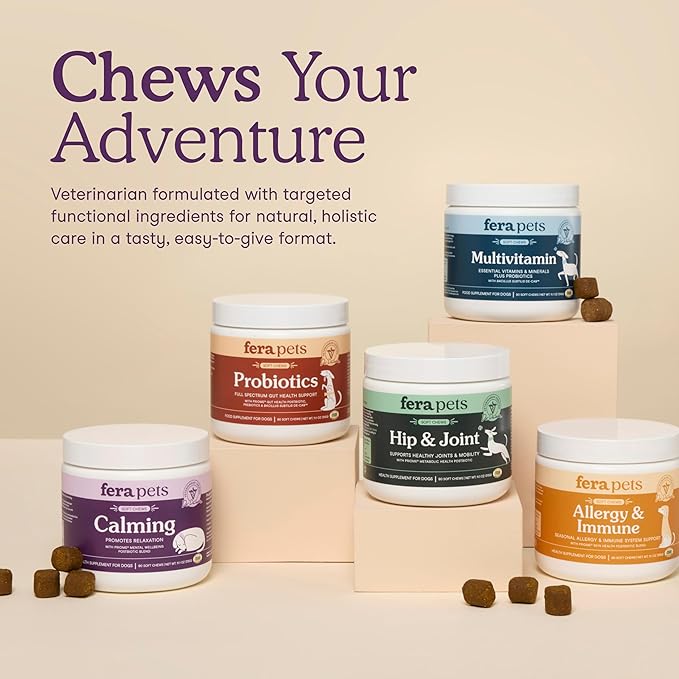 Fera Pets Dog Calming Chews - Helps Manage Everyday Stress & Separation - Promotes Relaxation - Ashwagandha & Priome® Mental Wellbeing Postbiotic Blend - 90 Soft Chews