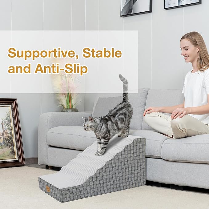 Pets Ramp for High Beds, Small Dogs & Senior Cats - Non-Slip Texture & Machine Washable Cover - Supportive Foam for Joint Comfort, Easy Climb for Couch, Sofa, Furniture (Grey)