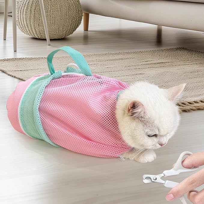 Cinf Cat Bathing Bag, Breathable Mesh Anti Scratch Adjustable Cat Grooming Bag for Nail Trimming, Bathing Soft Cat Washing Bag(Spring) M