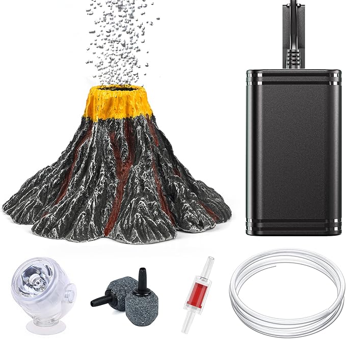 Uniclife Aquarium Volcano Ornament Kit Volcanic Eruption Decoration with Mini Air Pump Red LED Spotlight Air Stone Bubbler Airline Tubing Check Valve Fish Tank Resin Decor for Landscape and Aeration