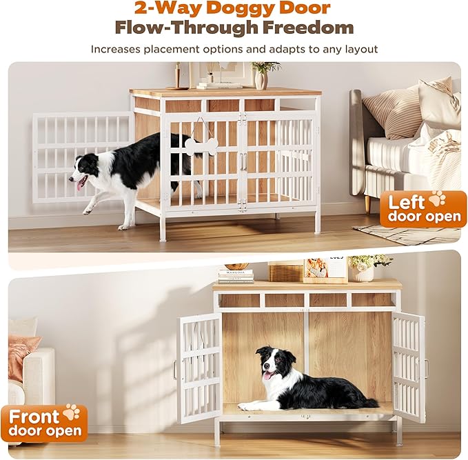 Large Dog Crate Furniture, Wooden Dog Kennel Furniture for Medium Large Dogs, Double-Doors Sturdy Metal Dog Cage for Anxiety Dog, Anti Escape Wooden Cage with Name Tag End Table, TV Stand Beige