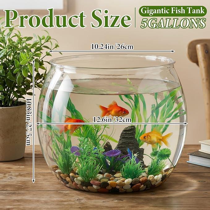 Lounsweer 12 Pcs 5 Gallon Large Fish Tank Plastic Fish Bowl Shatterproof with Aquarium Decor Artificial Plastic Plant and Rock Cave Goldfish Betta Tank Decor for Terrarium Flower Vase Centerpiece Gift
