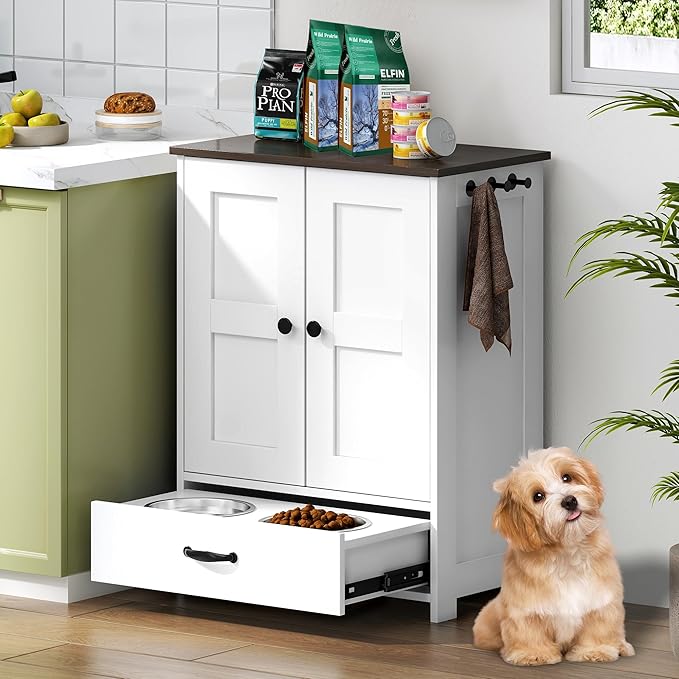 Pet Feeding Station, Dog Feeding Station, Dog Food Storage Cabinet, Pet Food Toy Organiser with 2 Elevated Bowls and Hook for Feeding and Drinking, White
