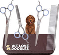 Dog Grooming Scissors Kit - Best Tools for Goldendoodles & Poodles- Straight, Curved & Thinning Shears - Golden Doodle Grooming Professional Grade Stainless Steel, 4 Pc Set (Long Silver)