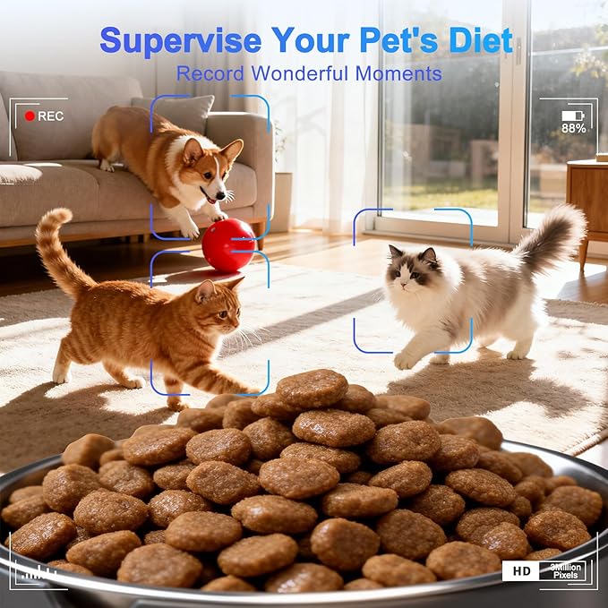 Automatic Cat Feeder with 2K Camera 5G WiFi 4L Timed Dry Food Dispenser APP Control, 15 Meals Programmable 1-20 Portion Per Day Dual Power Supply with Stainless Bowl for Multiple Pet Easy Clean