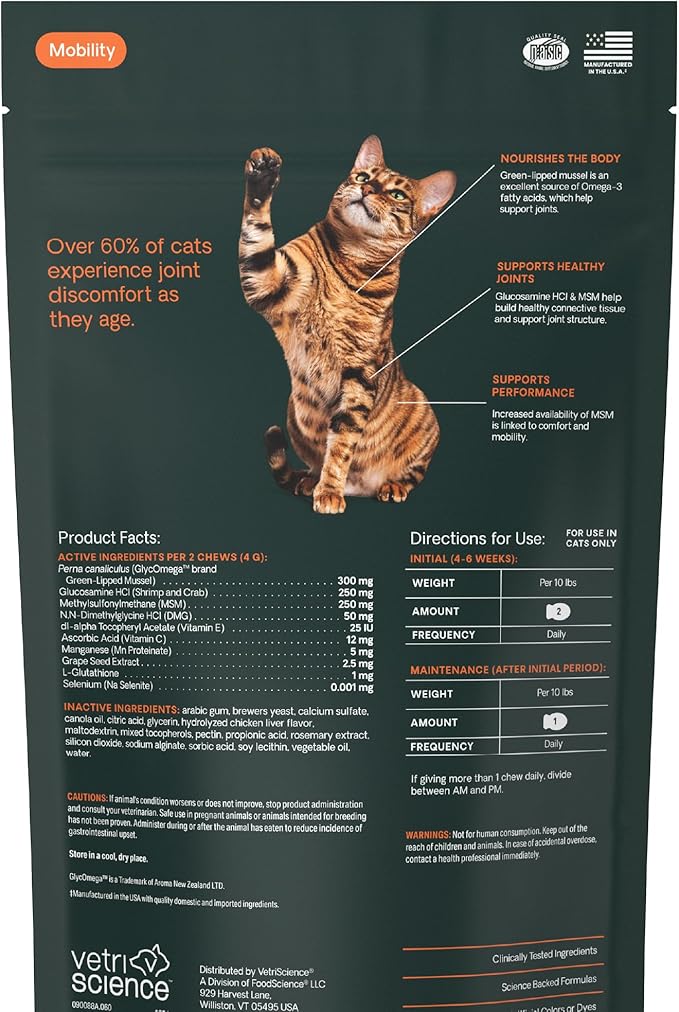 VetriScience Extra Strength Healthy Hip & Joint Chews, GlycoFlex Glucosamine and Green-Lipped Mussel Joint Support Supplement for Cats, Promote Mobility and Soothe Joint Discomfort, Chicken, 60 Count
