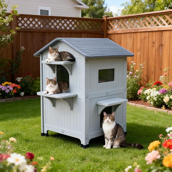 Weatherproof Outdoor Cat House for Feral Multi Cat, 2 Storey Insulated Elevated Plastic Cat Shelter with Escape Door, Easy Assemble, Expansive Interior‌ White 34" D x 21" W x 21.5" H