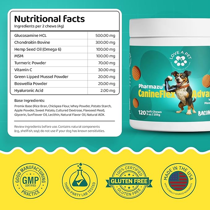Advanced Hip & Joint Support – Joint Supplement for Dogs Bacon Flavor Soft Chews; MSM & Turmeric for Mobility & Glucosamine for Dogs – Dog Vitamins and Supplements, 120 Chews