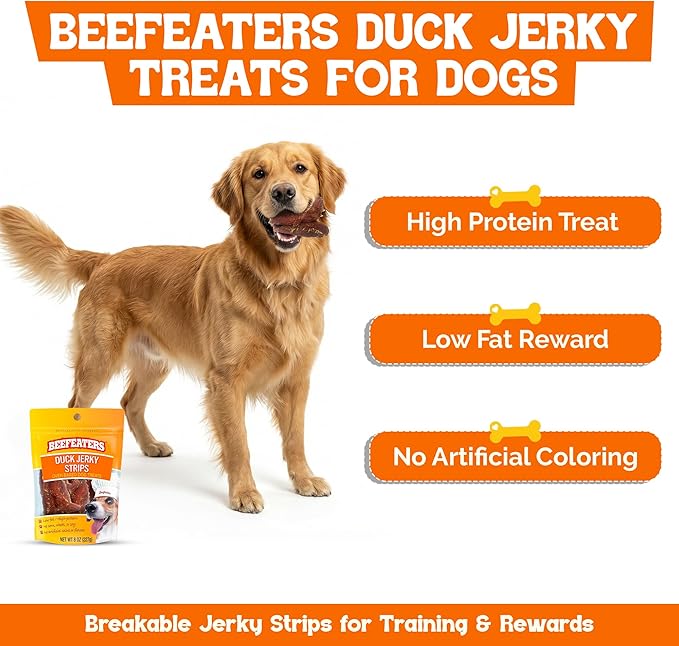 Beefeaters Duck Jerky Strips for Dogs 8oz, Oven-Baked High Protein Dog Treats Duck Jerky - Low Fat Grain-Free Dog Snacks - No Corn Wheat or Soy - Chewy Dog Jerky Treats for Training and Rewards