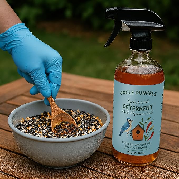Spicy Hot Pepper Squirrel Deterrent (16 fl Oz) – All-Natural, Food-Grade Hot Pepper Bird Seed Coating, Repels Squirrels, Safe for Birds, Made in USA