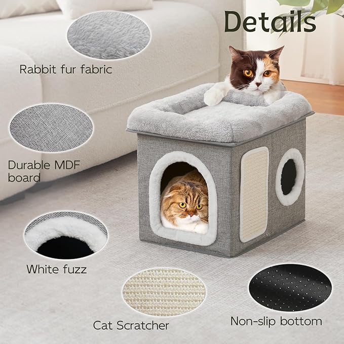WINDRACING Cat Beds for Indoor Cats - Cat House for Pet and Foldable Cat Cave Bed with Scratch Pad, Cat Hideaway Condo for Kitten, 16.9x12.8x14.2 inches, Light Grey