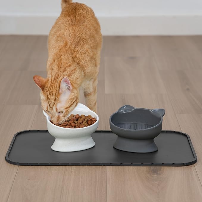 Kitty City Elevated Slow Feeder Cat Bowls (Set of 2), Whisker-Friendly Raised Cat Food Dishes with Ridges, Helps Reduce Fast Eating & Digestion Issues, Dishwasher Safe, 6.5 oz – White & Gray
