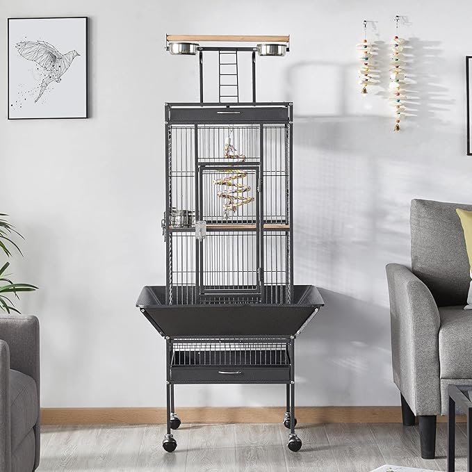 Yaheetech 61.5-inch Wrought Iron Rolling Large Parrot Bird Cage for Parakeets with Play Top
