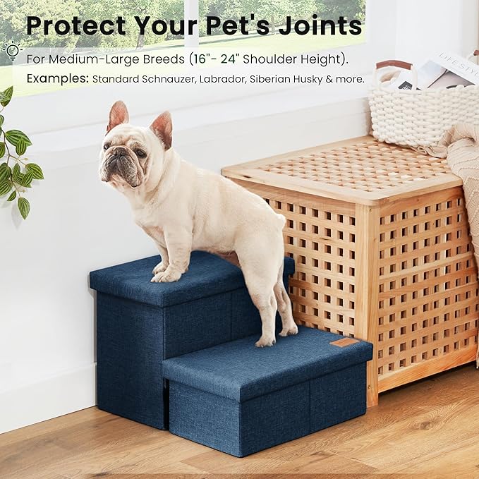 Love's cabin Dog Stairs with Storage 13" H, Foldable Pet Stairs for Small Medium or Large Dogs, Cat Puppy Steps Ramp with Zip up to 150 lbs, Navy Blue, 2 Steps