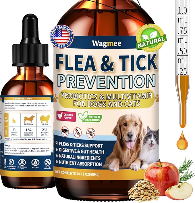 Flea and Tick Prevention for Cats and Dogs, Natural Flea & Tick Supplement with Probiotics Multivitamin, Flea Herbal Drops Supports Healthy Skin Coat & Digestion - All Breeds and Ages - Chicken