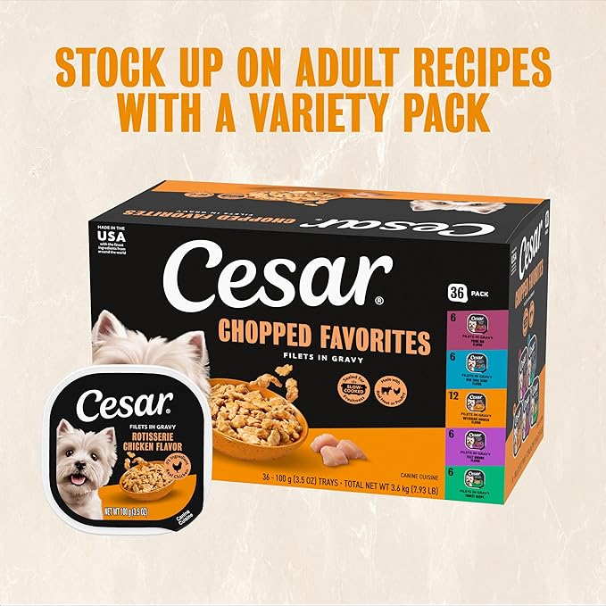 Cesar Filets in Gravy Adult Wet Dog Food Variety Pack, Poultry Lovers with Rotisserie Chicken Flavor and Turkey Recipe, 3.5 oz. Easy Peel Dog Food Tray, 12 Count (Pack of 2)