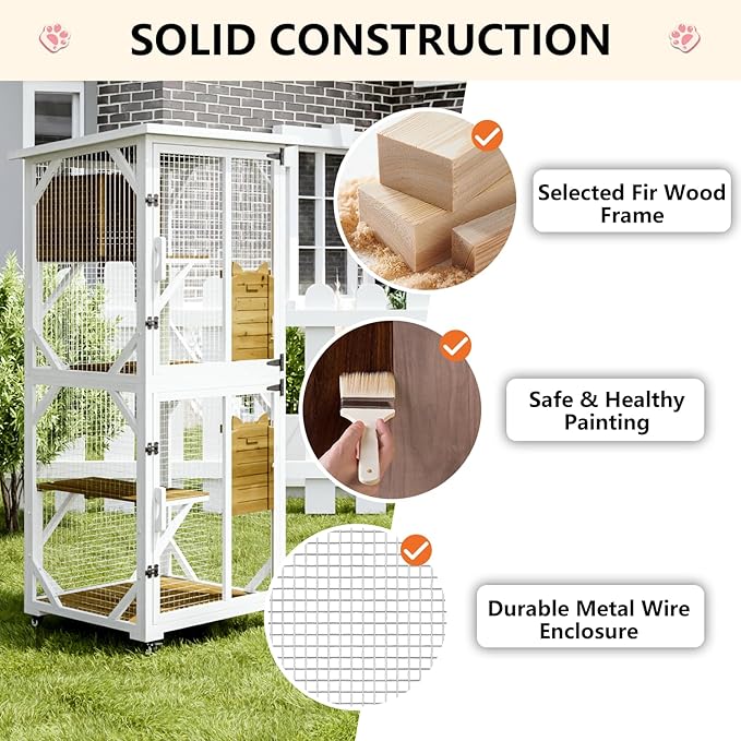LEMBERI 71" Cat House Outdoor Catio Cat Enclosures on Wheels, Large Outside Patio Wooden Cat Cage Resting Box,Scratching Post, Waterproof Roof (White)