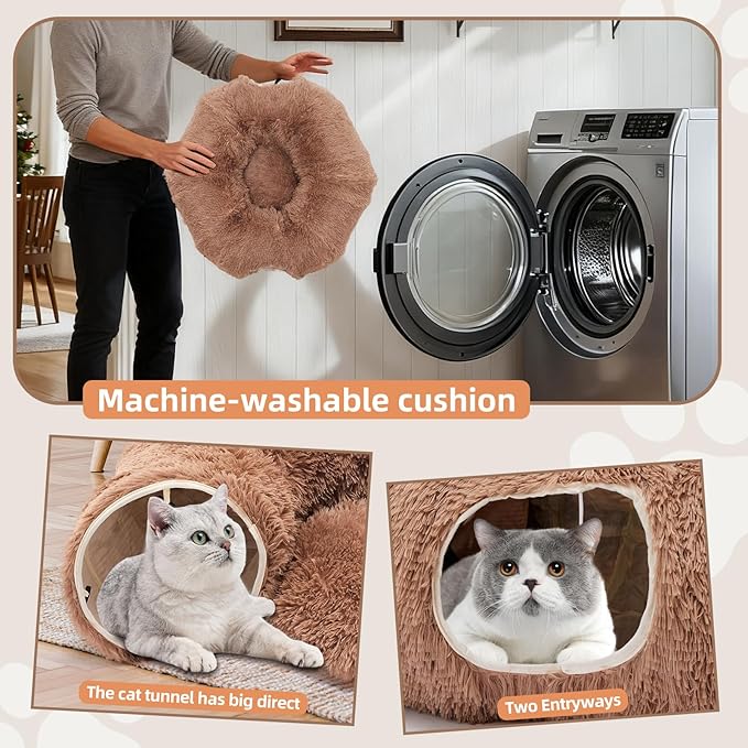 Cat Tunnels for Indoor Cats, Cute Donut Turnel Toys for Small Large Cats with Washable Circle Cushion，3-in-1 Foldable Playground & Cozy Cave Bed for, Kittens Puppy Rabbits