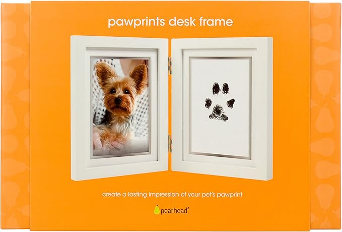 Pearhead Pet Pawprints Desk Picture Frame, Pet Memorial Keepsake, White Photo Frame For Pet, Imprint Kit