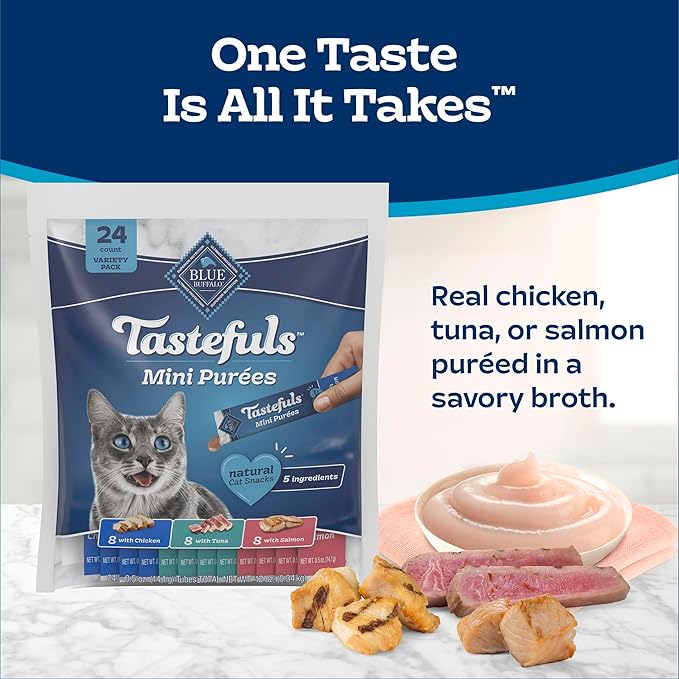 Blue Buffalo Tastefuls Mini Purées, Adult Cat Natural Single-Serving Snack, 24-Count Variety Pack Chicken, Tuna, and Salmon 0.5 oz. (Pack of 1)