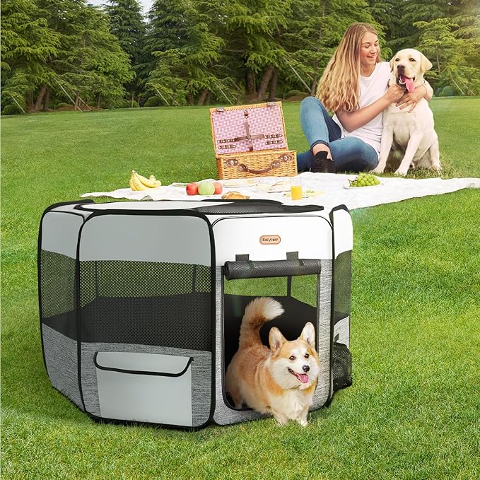 Dog Playpen, Portable Pet Play Pen Foldable Carrying Case, Puppy Pens Outsid for Small Cat Indoor/Outdoor, Removable Mesh Shade Cover