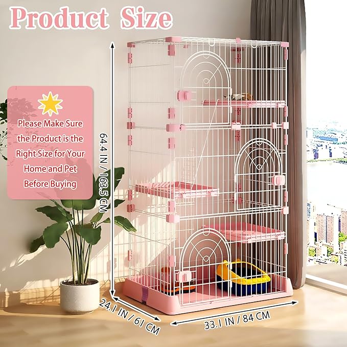 Hamiledyi 4-Tier Cat Cage Indoor Large Cat Enclosure with 1 Ramp Ladders 3 Platforms 3 Doors Metal Cat Playpen Outdoor Kitten Cage for 1-3 Small and Medium Pets (Pink)