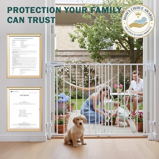Mumeasy 29.5-43.3" Baby Gate for Stairs, No Bottom Bar Dog Gate with Removable Door & Slide-Adjust Drill Mount, Extra Wide Stairway & Hallway Walk Thru Pet Safety Gate for Doorways, Kitchen (White)