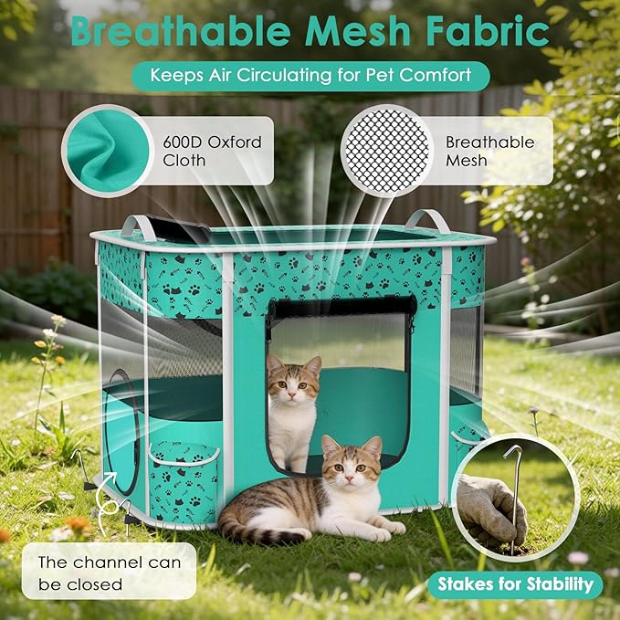 Cat Playpen - Portable Dog Playpen with Litter Box, Foldable Soft Dog Crate for Indoor/Outdoor, Pop Up Cat Enclosure, Collapsible Puppy Kitten Rabbit Cage Tent，2-Room