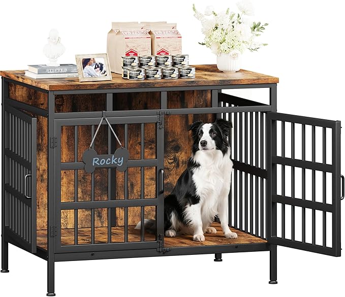 Large Dog Crate Furniture, Wooden Dog Kennel Furniture for Medium Large Dogs, Double-Doors Sturdy Metal Dog Cage for Anxiety Dog, Anti Escape Wooden Cage with Name Tag End Table, TV Stand Brown