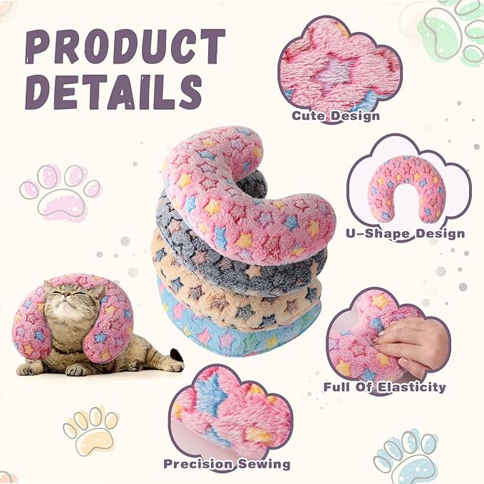 Sweetude 4 Pcs Pillows for Cats Puppy Bed Fluffy Pet Calming Soft Gifts Half Donut U Shaped Pet Neck Pillow Training Joint Relief Cervical Protection(Vivid Star,Medium)