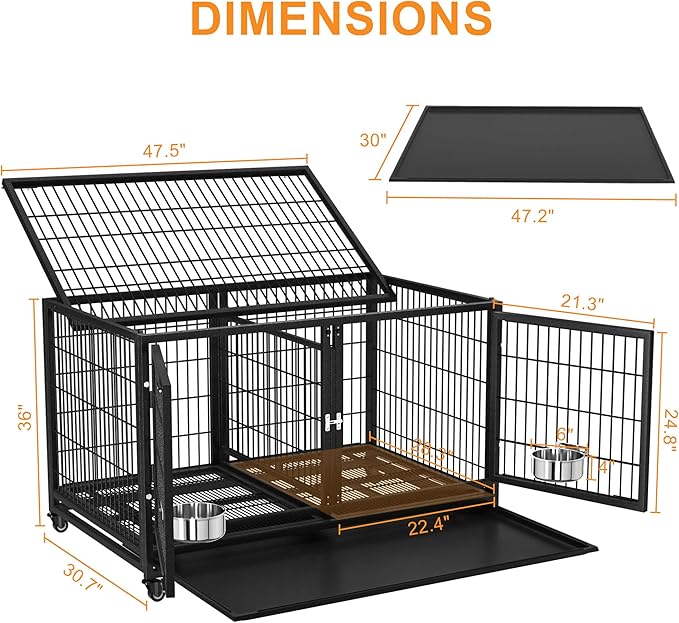 48 inch Heavy Duty Dog Crate for Large Dogs, Stackable Dog Kennels and Metal Wire Cages with Feeding Bowls, Leak-Proof Pans, Removable Wire Trays and Divider, Extra Large XL XXL