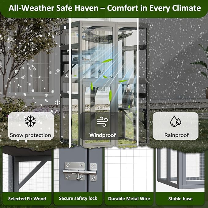 64 Inch Catio Outdoor Cat Enclosure, Large Cat House for Outdoor Cats with Updated Framework Structure, Outside Cat Patio Cattery Weatherproof for Multiple Cats, Grey