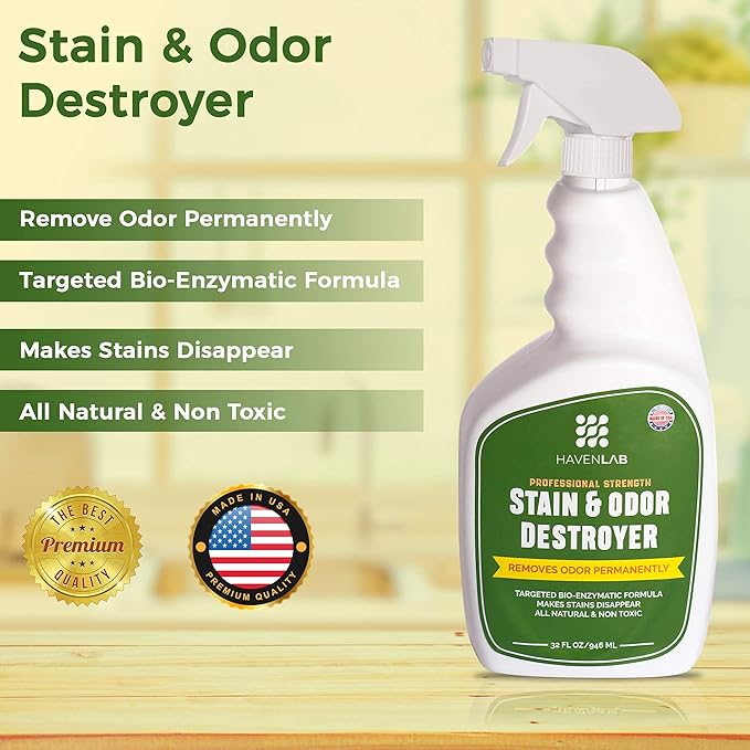 Stain & Odor Destroyer-Dog & Cat Enzymatic Pee Eliminator-Carpet, Rug, Floor, Furniture-Smell Remover for Pet Urine, Feces, Vomit and Organic Spills-Concentrated Formula-32 Oz!!
