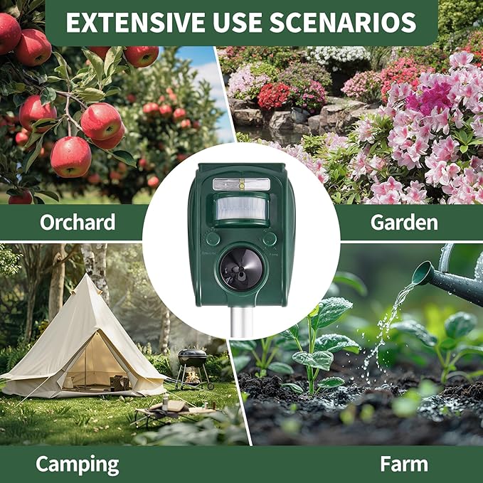 Deer Repellent Devices, Ultrasonic Solar Squirrel Repellen Outdoor, Animal Repellent 5 Adjustable Modes, Raccoon Deterrent, Rabbit Cat Dog Repellent with Motion Sensor for Yard