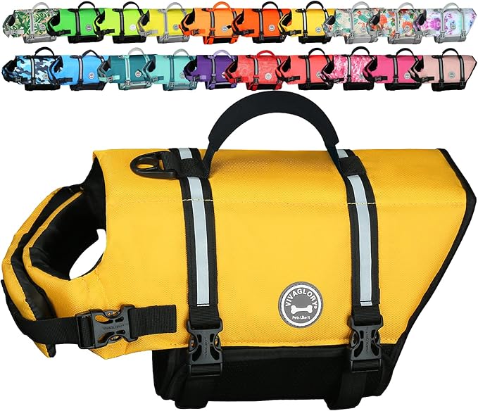 VIVAGLORY Rip Stop Dog Life Vest, Swimming Vest with Handle, Buoyancy for Doggy Puppy, Dog Life Jacket for Swimming & Boating, M, Yellow