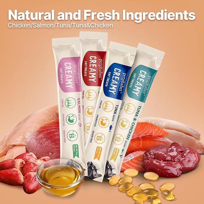 PETPHABET Lickable Cat Treats Squeeze, Creamy Puree Squeezable Wet Kitten Treats, 4 Flavors Variety Pack 20 Tubes, Paste Snacks for Skin & Coat Health, Digestive Care, High Protein, Grain Free
