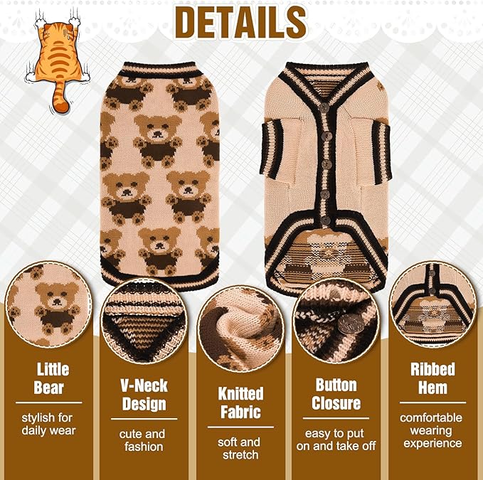 EXPAWLORER Cat Sweater Cardigan - Stylish Knit Cat Clothes, Soft Puppy Sweater with Sleeve, Cute Warm Pet Clothing Knitwear, Fall Winter Kitten Coat for Girl Boy Cats, Bear Small