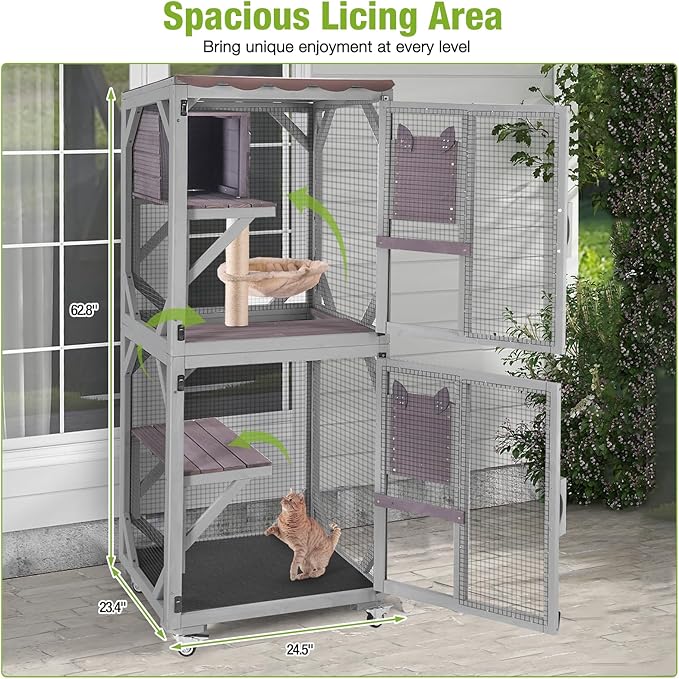 GUTINNEEN Catio Outdoor Cat Enclosure Mobile Cat House Indoor On Wheels with Scratch Post, Hammock, Resting Box, Platform, Tarp Roof 62.8", Grey