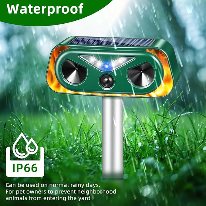 2026 Solar Ultrasonic Animal Repellent Outdoor Cat Squirrel Racoon Fortress Pro with Flashing Lights & Motion Sensor Animal Deterrent Devices for Deer, Rabbit, Fox, Skunk Repellent for Yard Garden