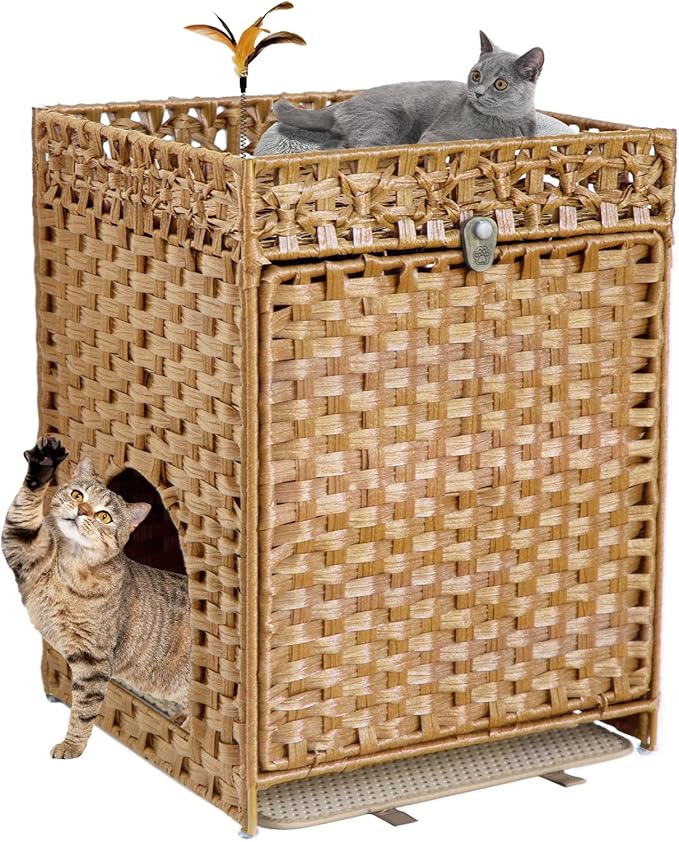 KOUSEI Handwoven Rattan Cat Litter Box Enclosure Furniture - Hidden Indoor Pet House with Door & Mat, Discreet Washroom Cabinet for Living Room and Bedroom, Natural