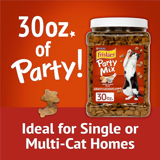 Purina Friskies Party Mix Gravy-Licious Crunch Chicken and Gravy Flavors Cat Treats - 30 oz Canister