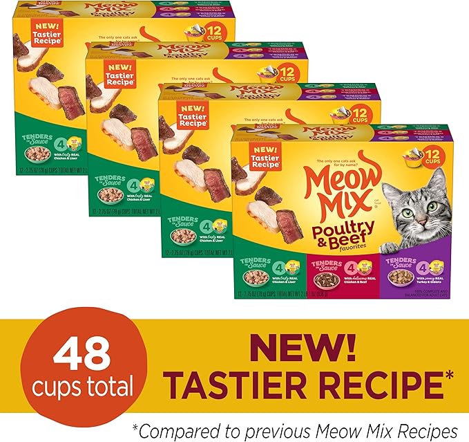 Meow Mix Tenders in Sauce Wet Cat Food,Poultry & Beef Variety Pack,2.75 Ounce Cup,(Pack of 96)