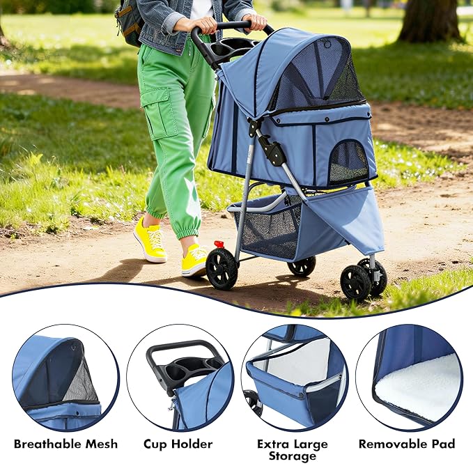 DUMOS 3 Wheels Pet Stroller for Small Dogs and Cats – Foldable Dog Stroller with Mesh Windows, Storage Basket & Cup Holder, Lightweight & Durable Pet Carrier for Travel, Outdoor Use – Blue