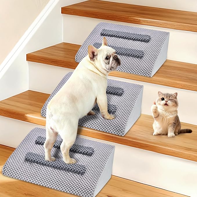 Dog Ramp for Stairs with Anti-Slip Bump for Small & Senior Dogs and Cats – Stair Wedges for Dogs with Gentle Slope, Pet Ramp with Washable Cover & Self-Sticky Pads for Safe Climbing (Gray, 3 Pack)