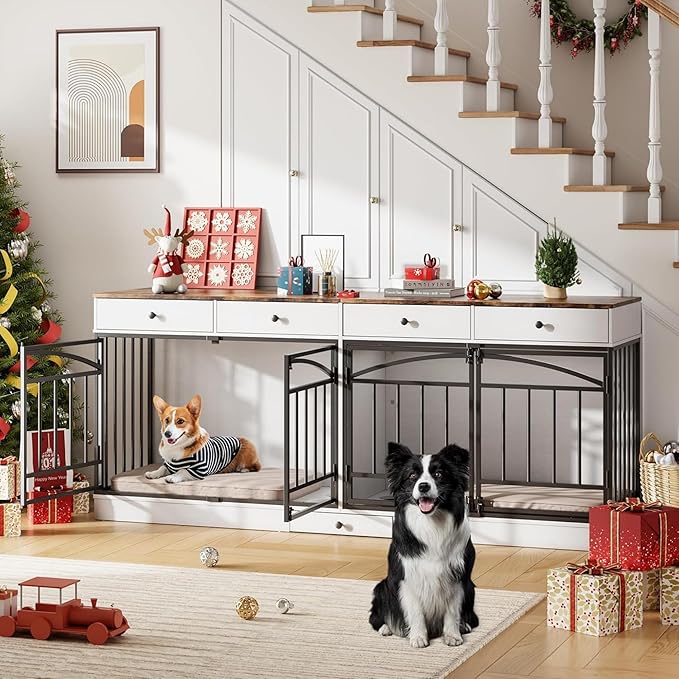 GAOMON Dog Crate Furniture for 2 Dogs, 78.7'' Large Dog Kennel Indoor with 4 Storage Drawers and Feeding Bowls, Double Dog Crate TV Stand for Small and Medium Dogs, White