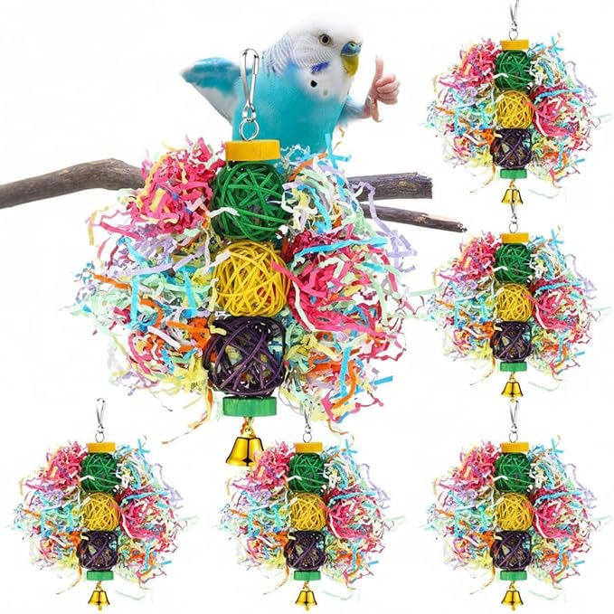 6 Pcs Bird Toy Parrot Chew Toy for Large Birds Rattan Ball Crinkle Paper Bird Shredding Toys Parrots Cage Accessories with Bell for African g Parrots Cockatoos Macaws Small Medium Parrot