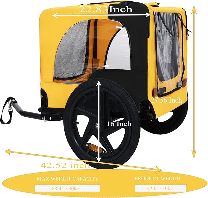 Heavy Duty Dog Bike Trailer with 16" All-Terrain Wheels & Universal Hitch, Foldable Pet/Cargo Carrier for Bicycles, Camping, Hiking