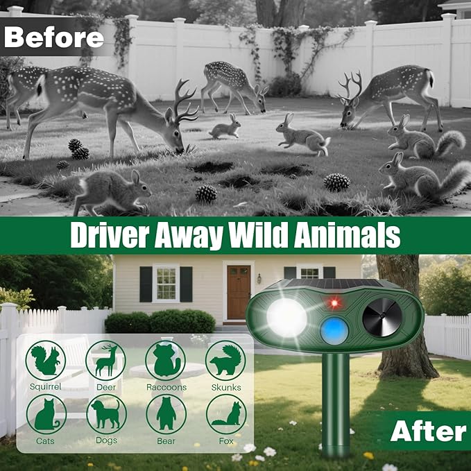 4Pack Ultrasonic Cat Repellent Outdoor Deer Repellent Devices,Solar Animal Repeller Motion Detection Rabbit Raccoon Squirrel Dog Squirrel Repellent Deterrent with LED Flash Lights for Yard